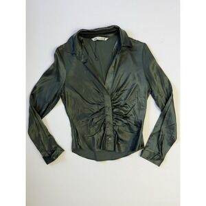 Zara Womens Ruched Satin Button Up Blouse Olive Green Long Sleeve XS